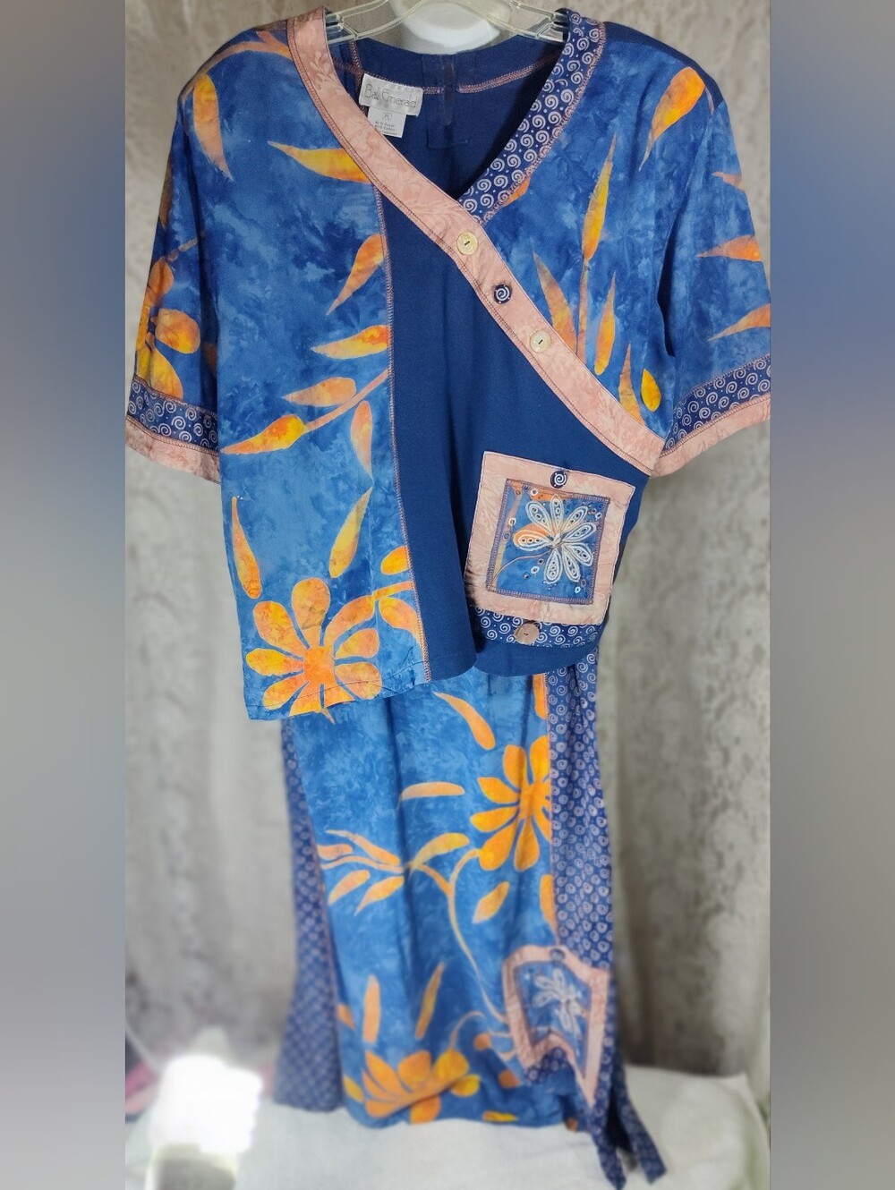 Bali Emerald 2 Pcs TROPICAL Top Skirt Set Blue/Mango Orange PL
